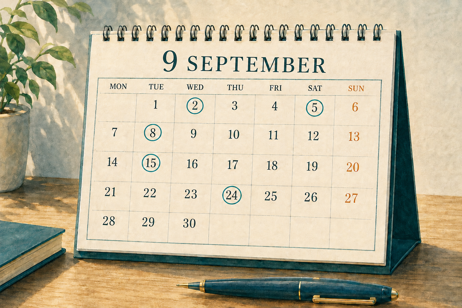 2日・5日・8日・15日・24日に丸を付けた9月の卓上カレンダー