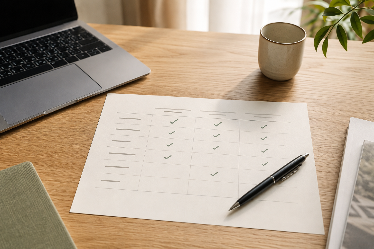 パソコンと比較表を並べて必要な条件を整理するイメージ