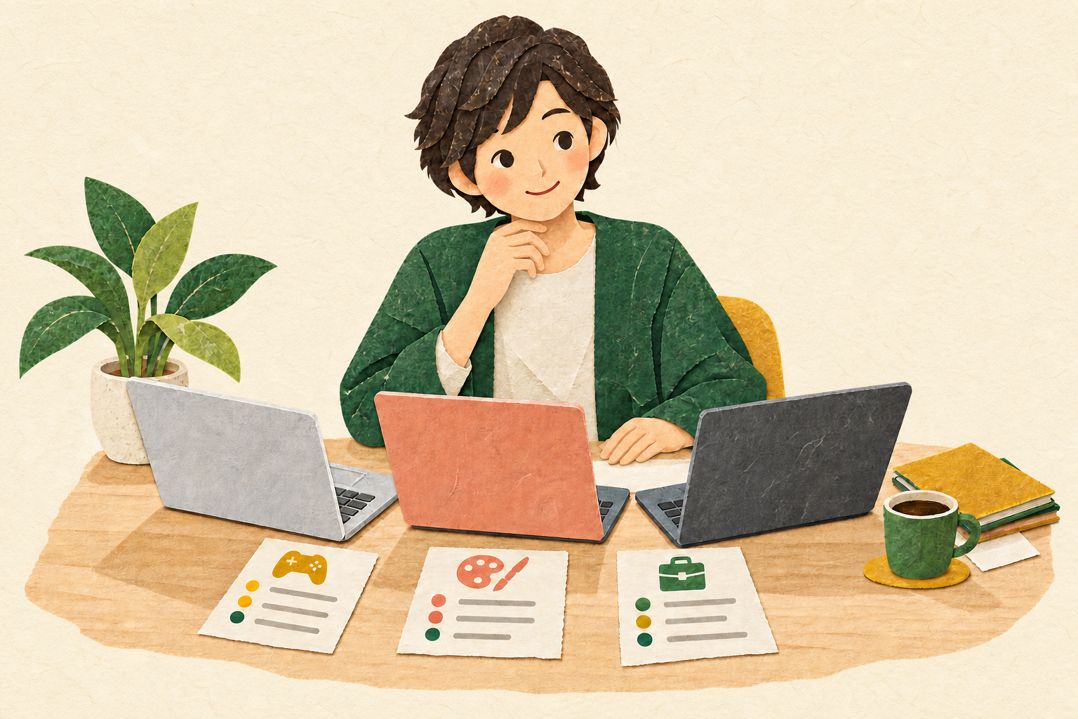 机で三つのノートパソコン候補を見比べている人のイラスト