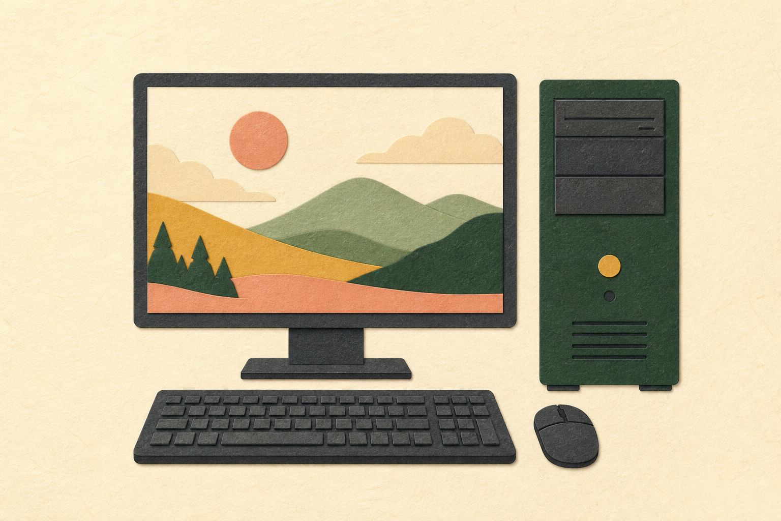 モニターと大きな本体が分かれたタワー型デスクトップパソコンの正面イラスト